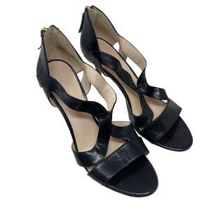 Nine West Womens Leather Back Zip Giggly Girl Heel Sandal Black Size 10M